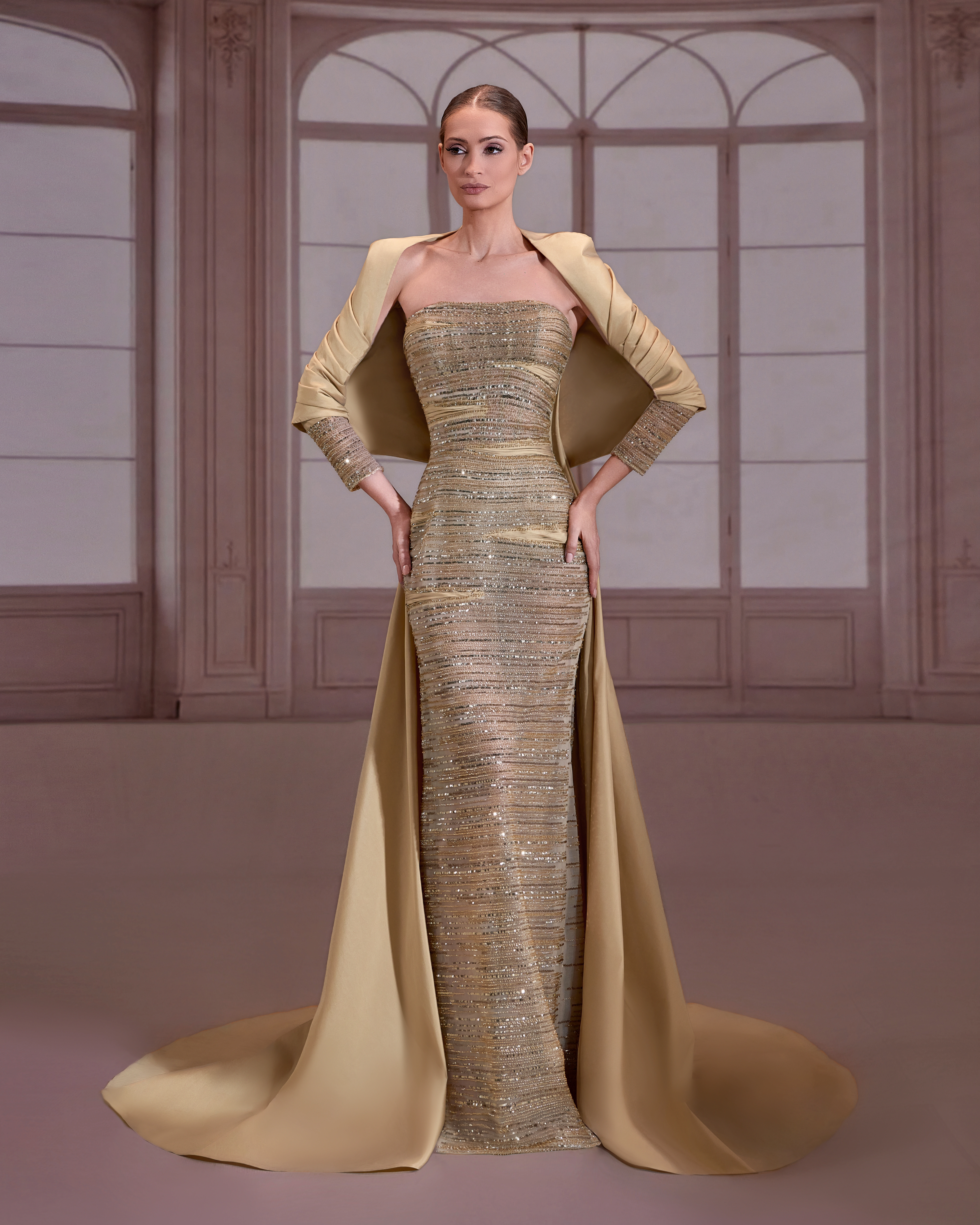 SS297- Golden strapless dress with horizontal gold beadwork,Golden US 01