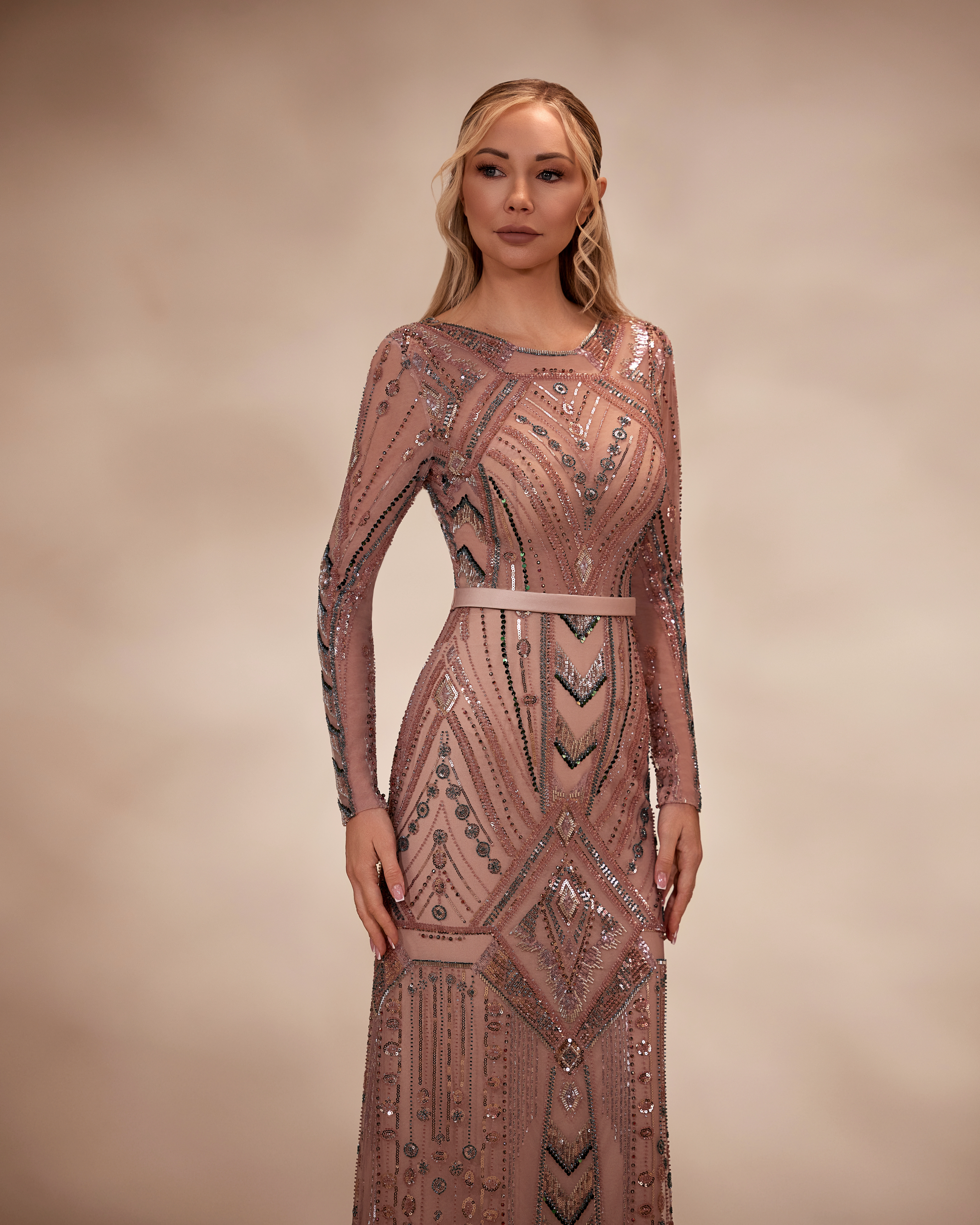 SS1- Fully embellished Rosewood dress with long fitted beaded sleeves and a sleekRoseWood US 01
