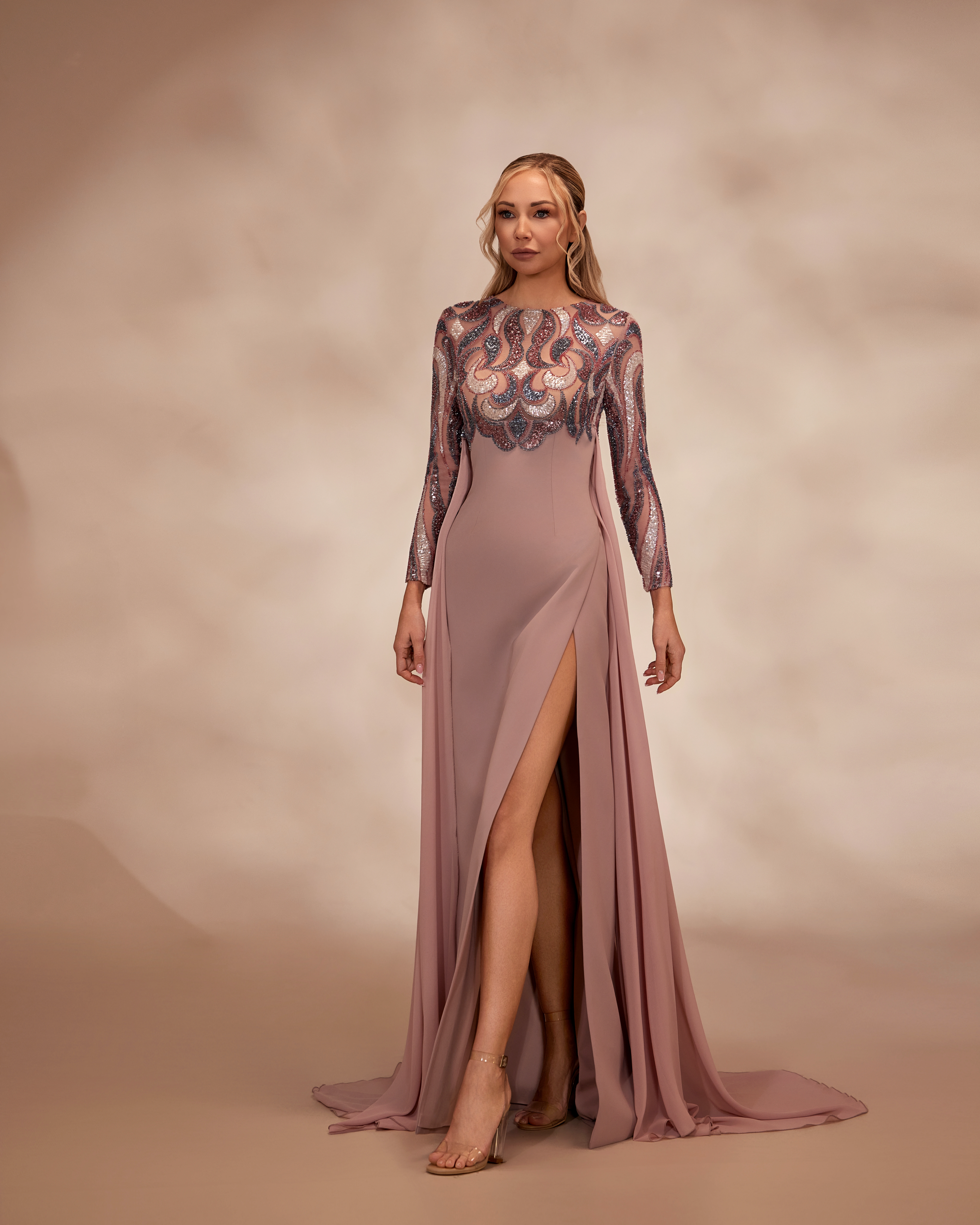 SS6-Rosewood dress with sheer emballished bodice and long sleevesRoseWood US 01