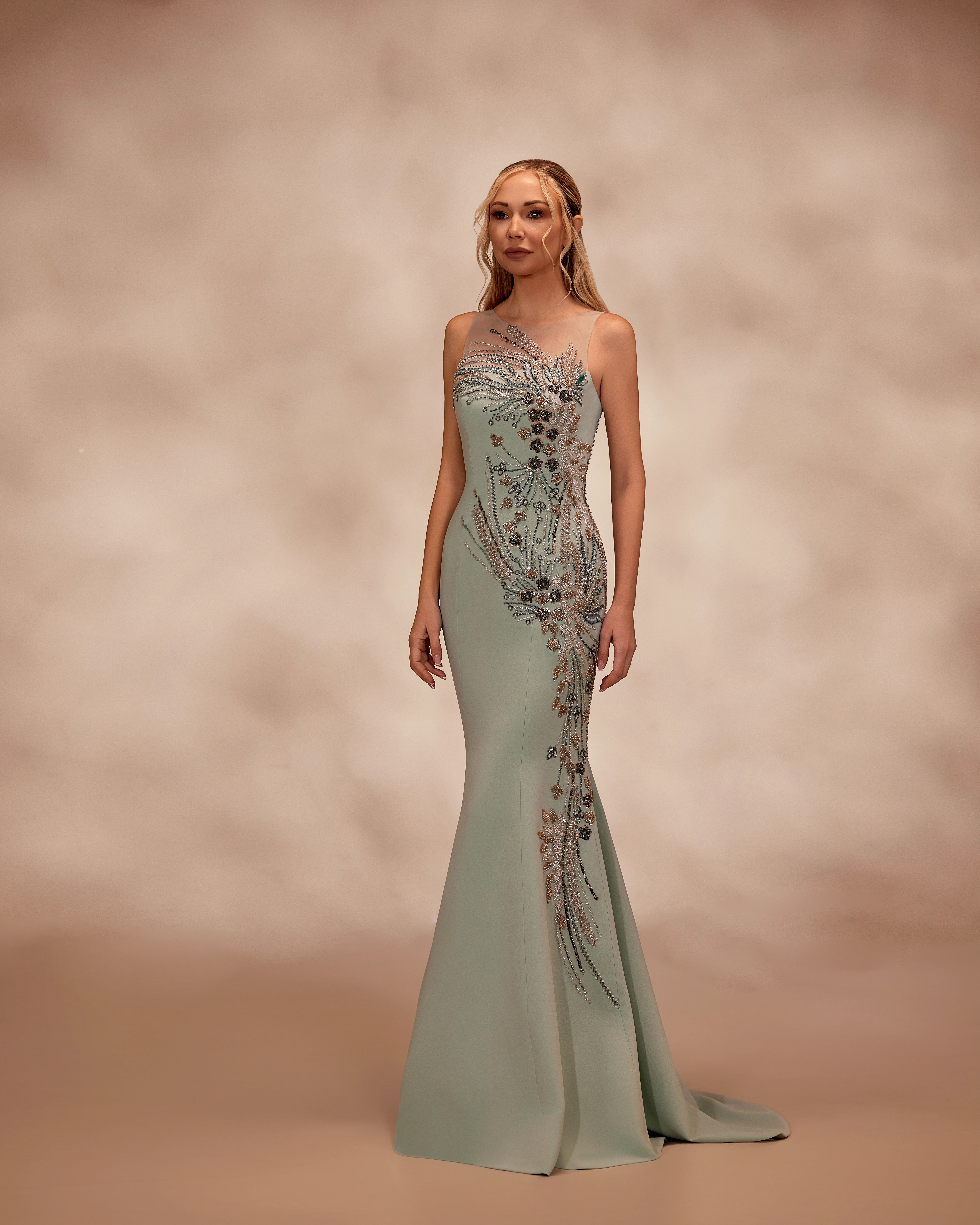 SS13- Light green sleeveless crepe dress with a fitted mermaid silhouetteLight Green US 01