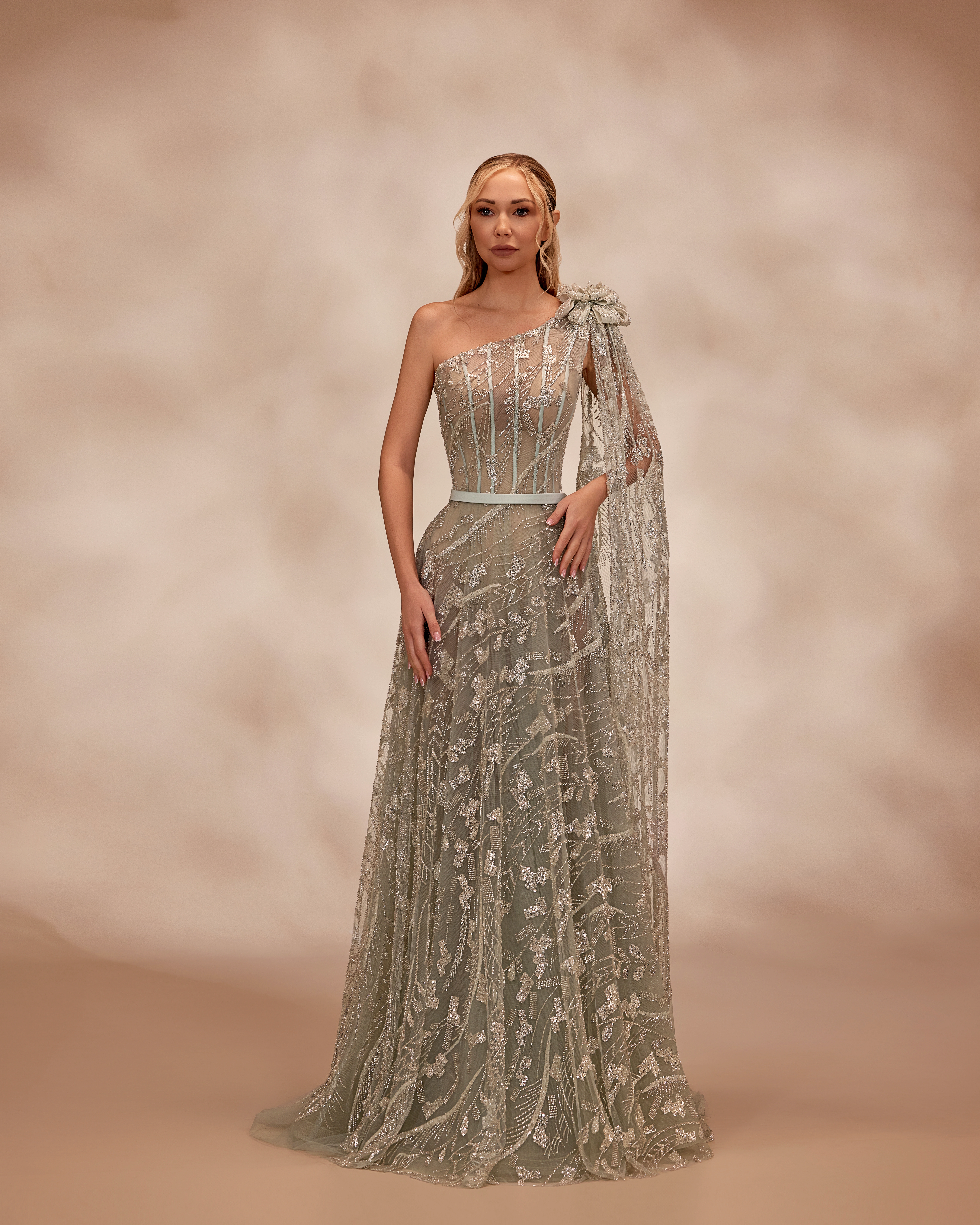 SS14- One-shoulder light green dress fully beadedLight Green US 01