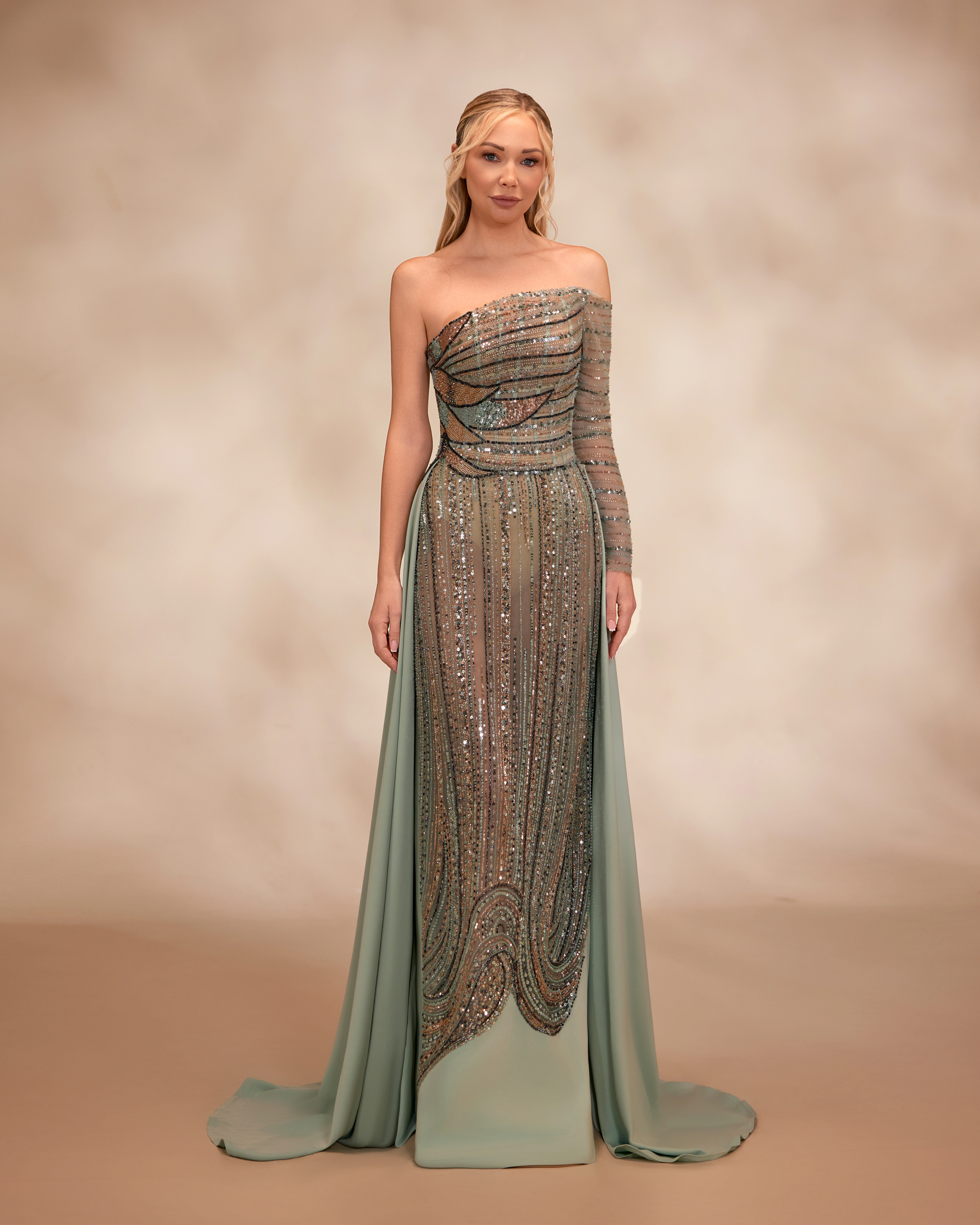 SS15- Light green dress featuring an asymmetrical neckline with one beaded sleeveLight Green US 01