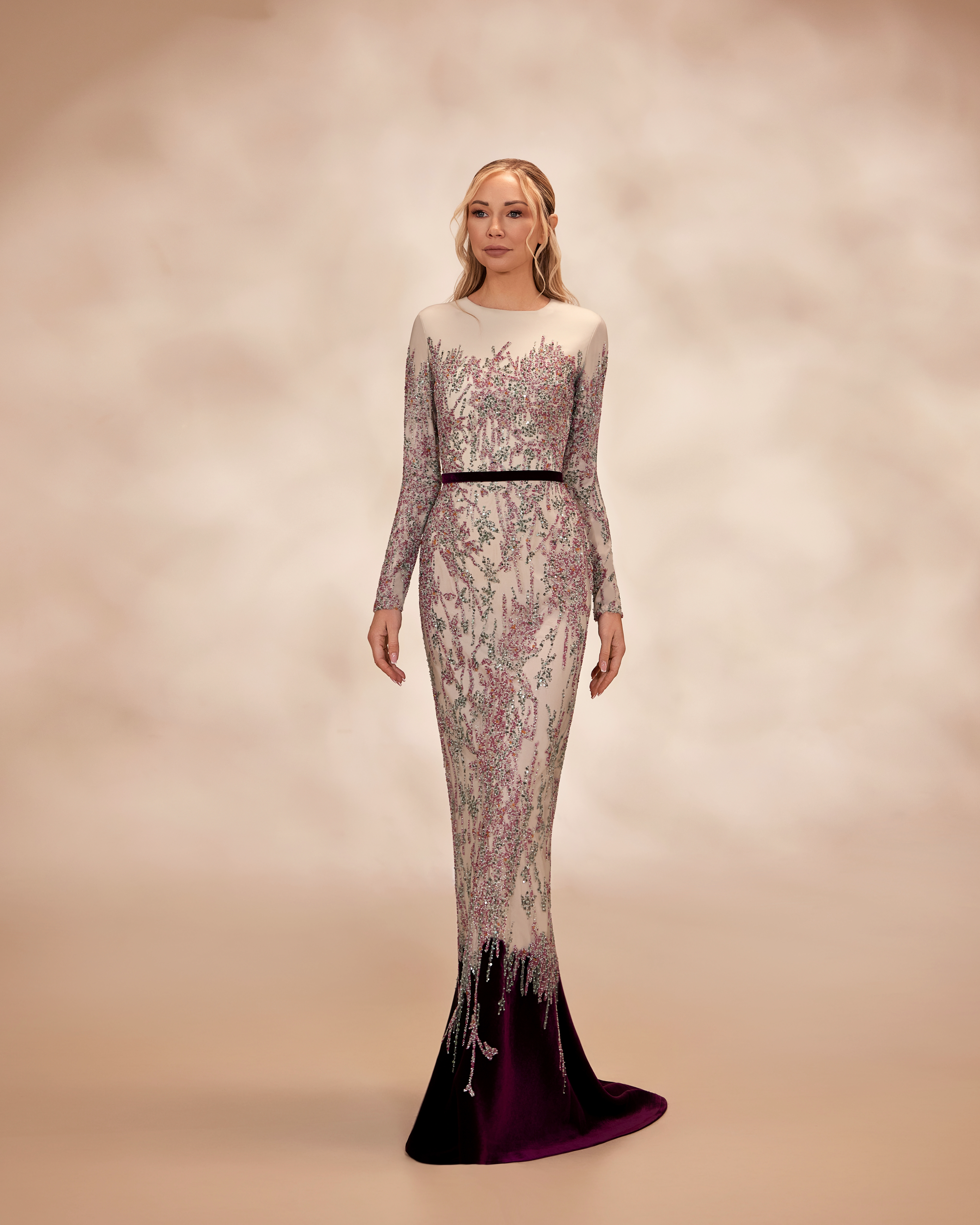 SS17- Multicolor beaded dress with long fitted sleeves and a crew-neck bodiceMulticolor US 01