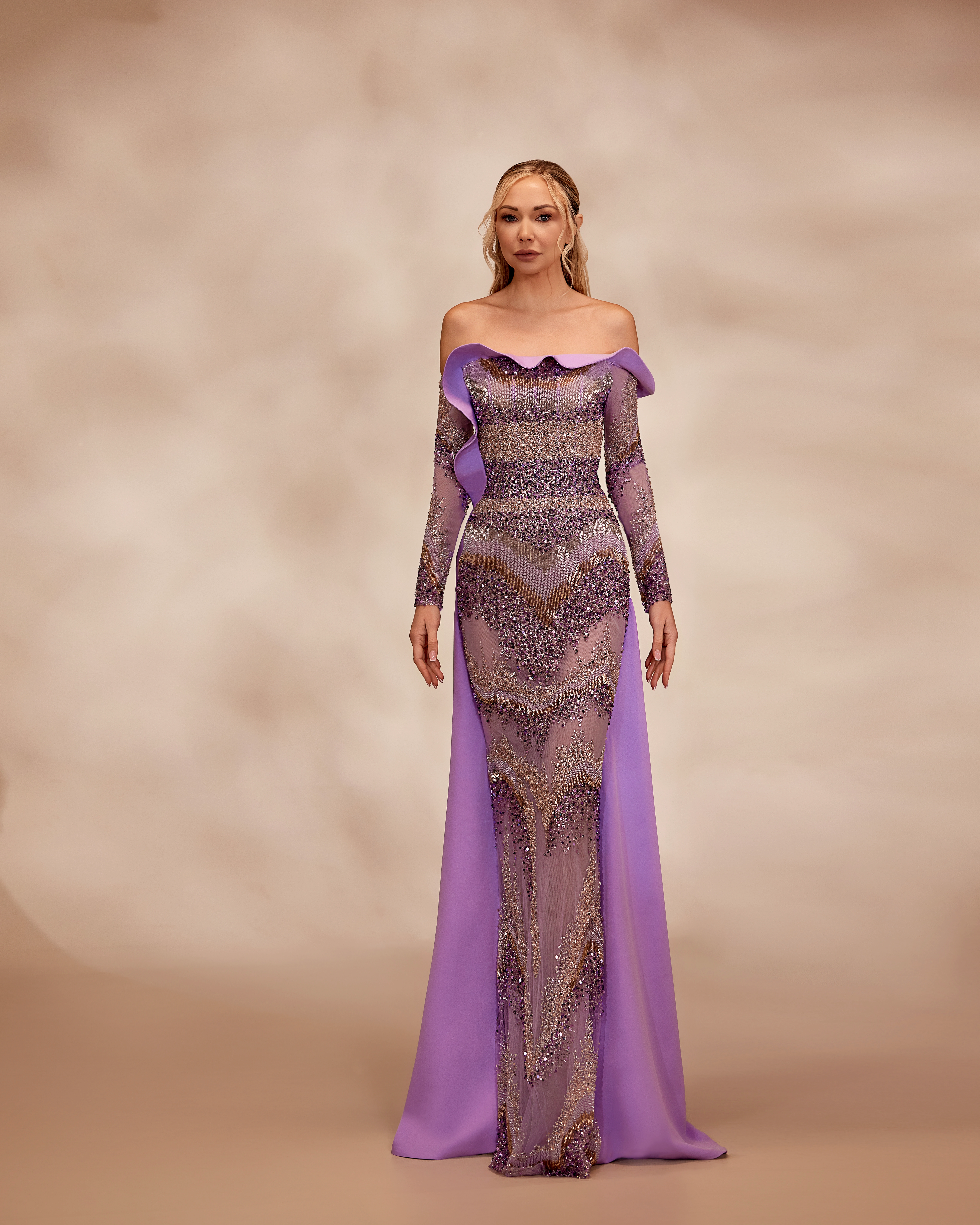 SS22- Lavender full-beaded dress, off-the-shoulder long sleeve bodiceLavender US 01