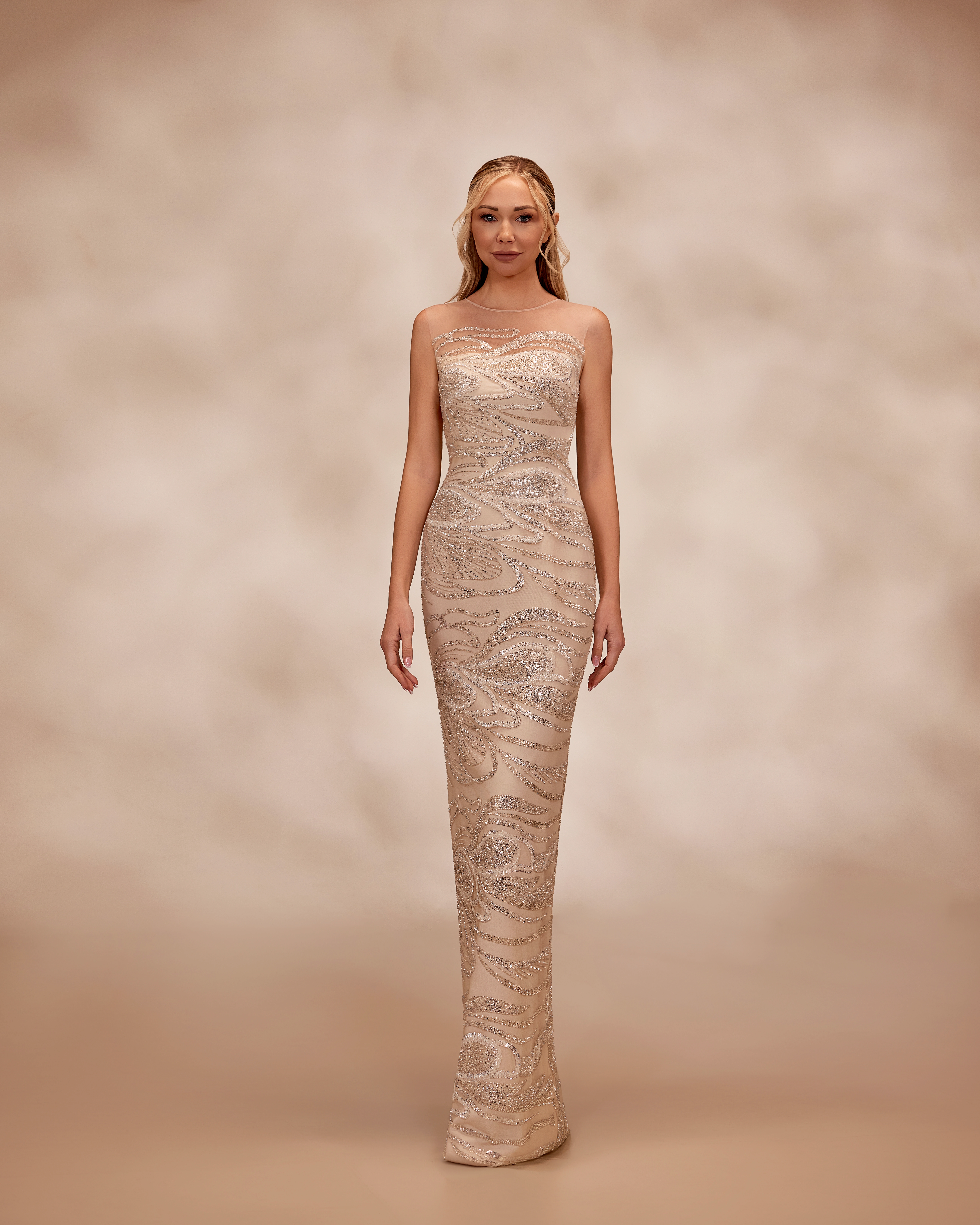 SS25- Sleevless nude dress adorned with intricate swirling silver sequinsNude US 01