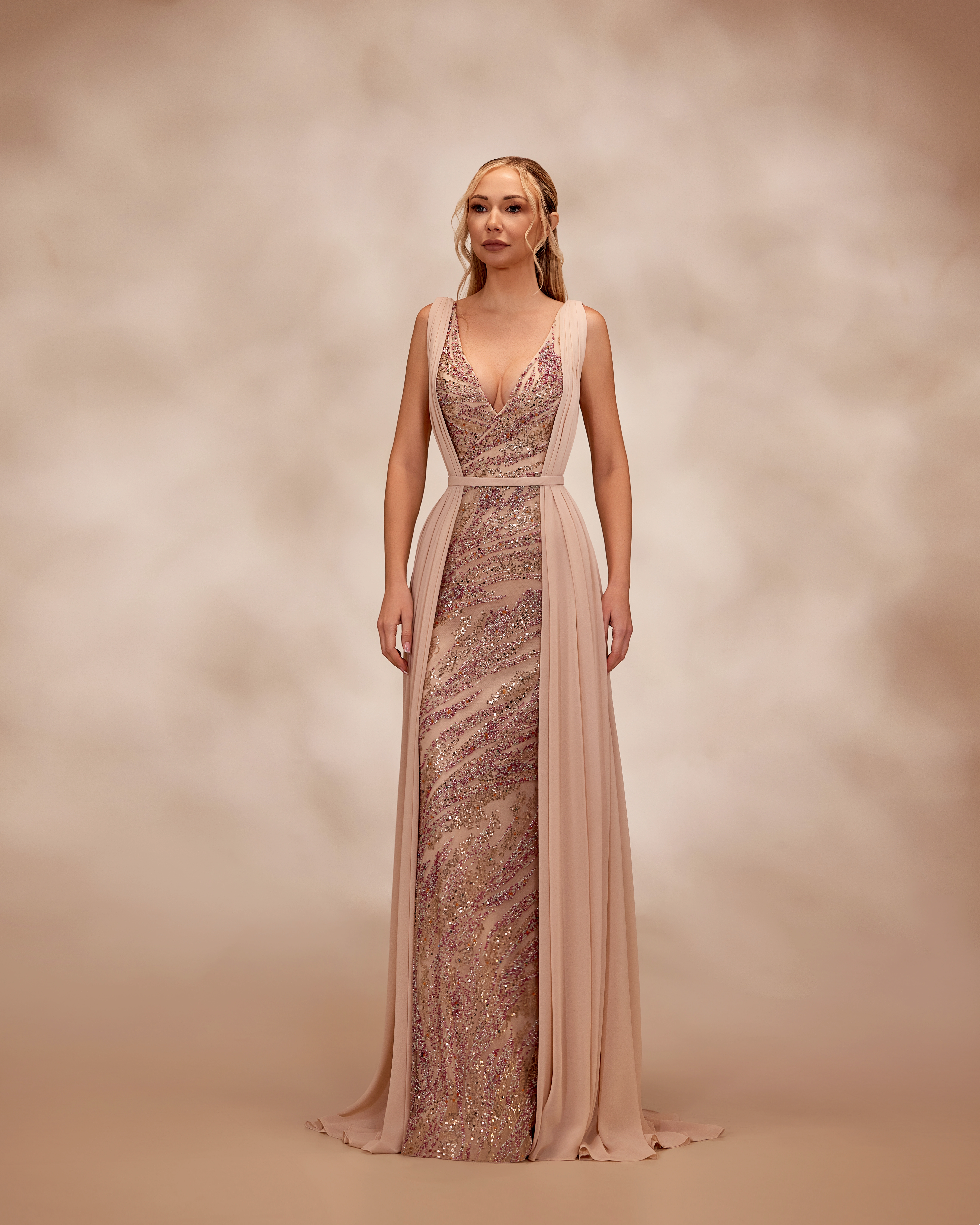 SS26- Nude dress with a plunging V-neckline with multicolor beadingNude US 01