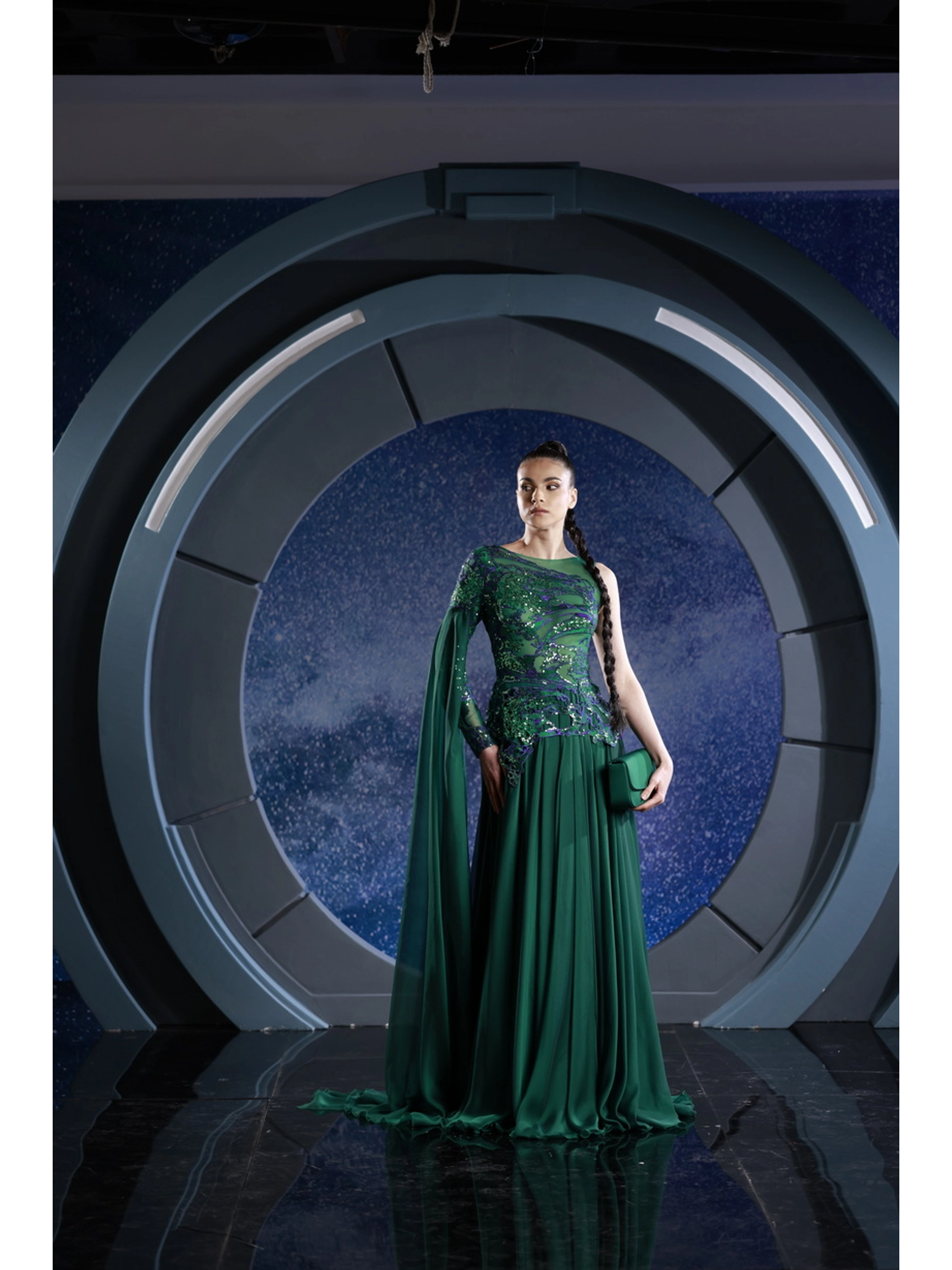 FW 127 - Green mousseline skirt paired with a beautifully  embroidered top with delicate threads of gold, purple,  and green.Emerald Green US 01