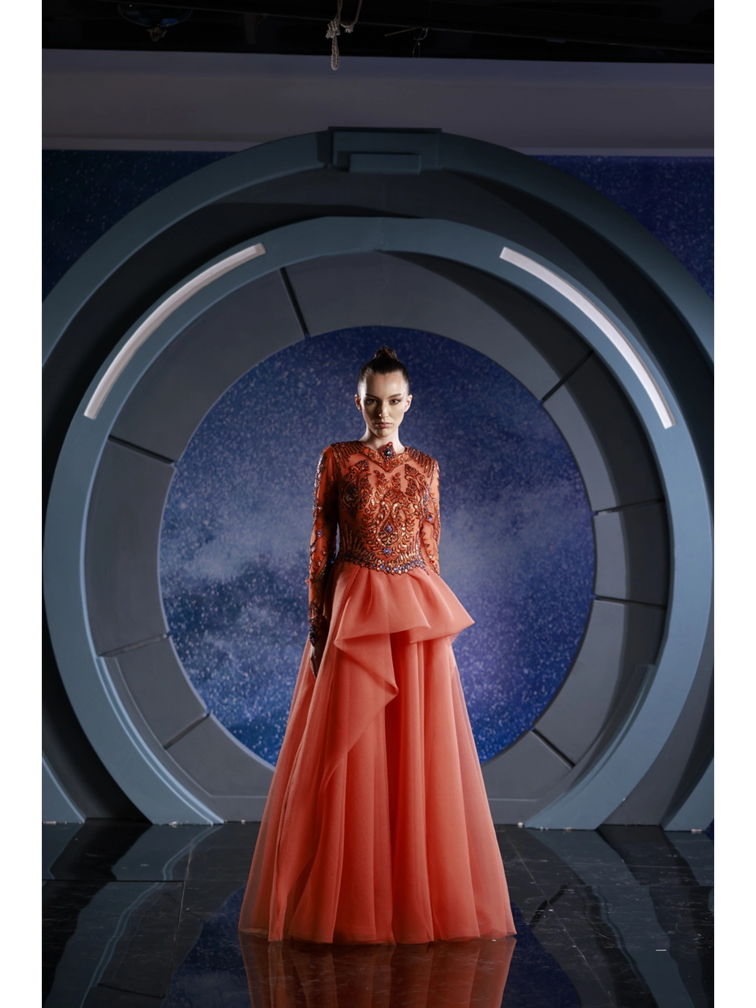 FW 130 - Long sleeves top, featuring orange/brick and navy  beading. Orange US 01