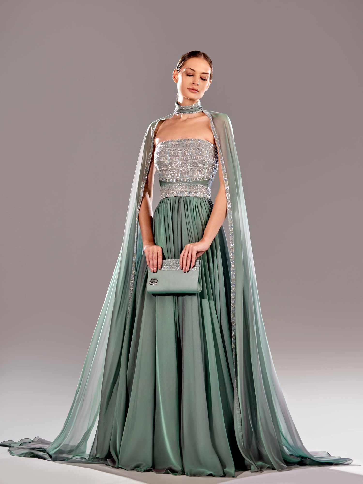 SS 90-Mouslin With Beadsand Cap SleevesOlive Green US 01