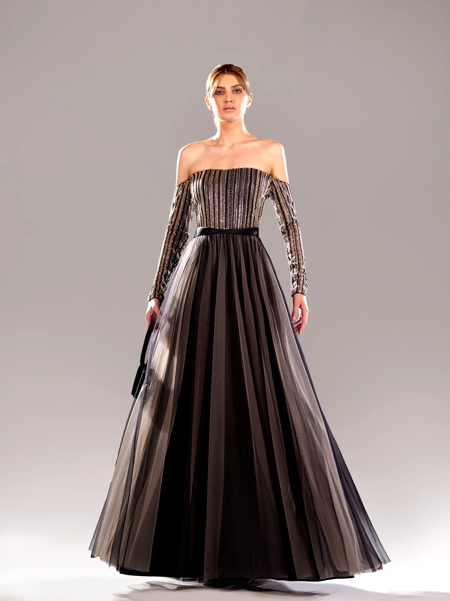 SS 107- Off Shoulder Beads With Wide Tull SkirtBrown US 01